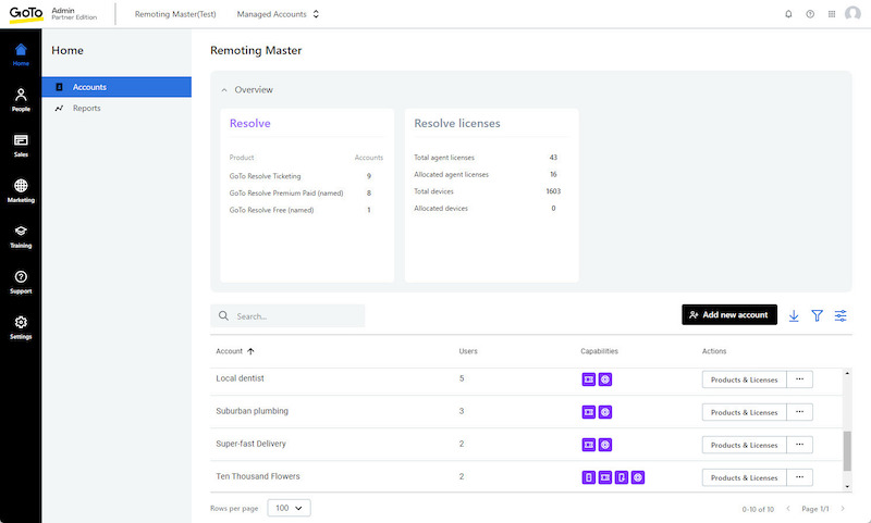 GoTo-Resolve for MSPs user interface screenshot of partner management console: Multi-tenancy admin simplifies management of customer accounts.