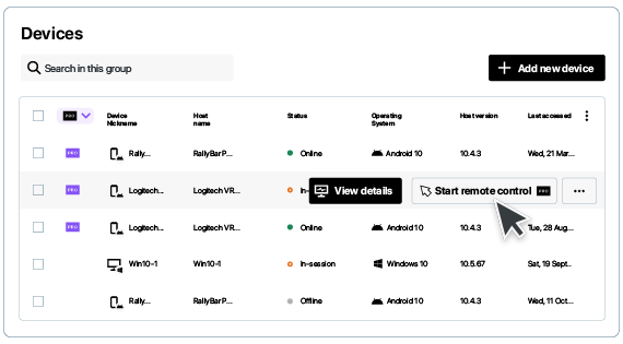 Screenshot of LogMeIn Resolve dashboard list of LogitechOS devices that can be easily supported and controlled remotely