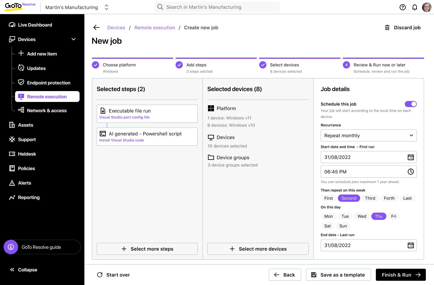 LogMeIn Resolve screenshot of Recurring Remote Execution: Schedule daily, weekly, or monthly automations